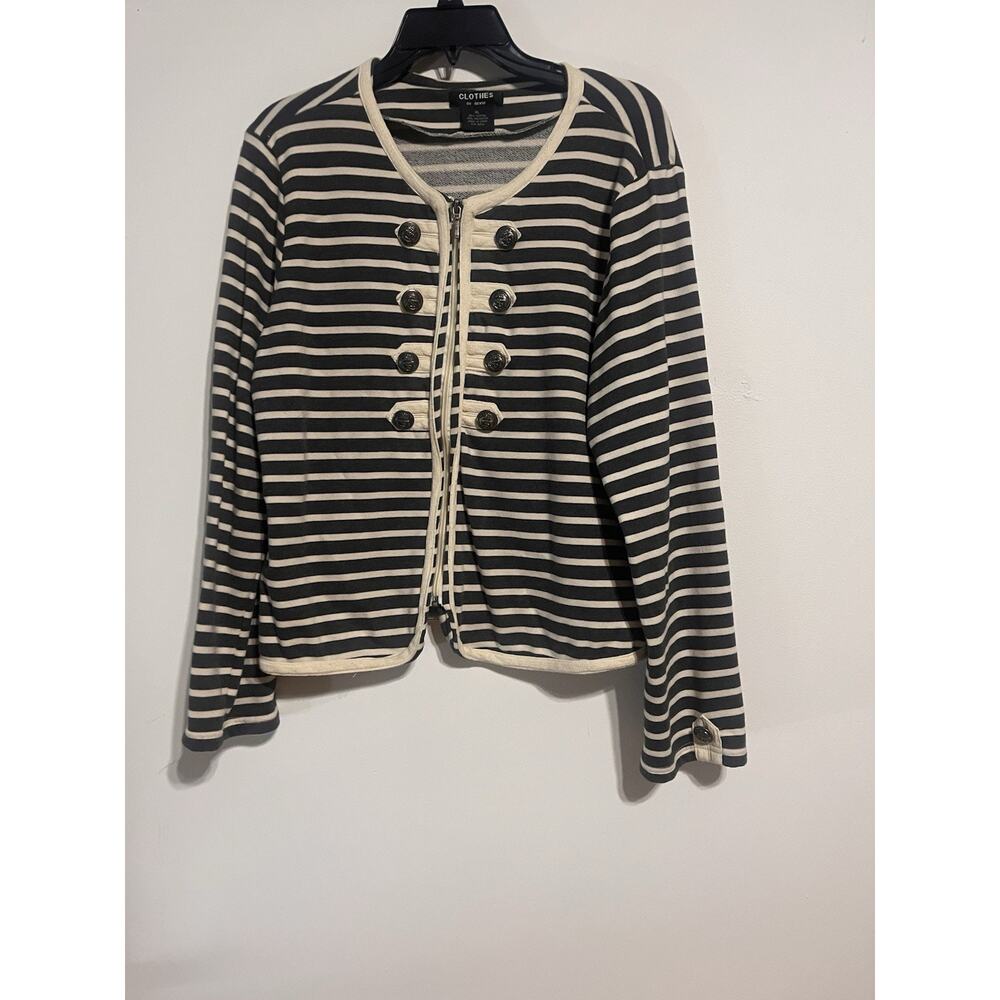 CLOTHES by Revue Zip Up Jacket Size XL Sailor Buttons Gray Beige Stripes